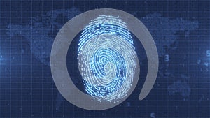 Blue glowing fingerprint electronic ID on Earth map background