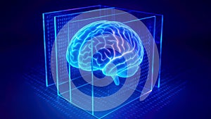 Blue glowing human brain inside a transparent cube with binary code on dark background science technology