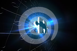 Blue glowing jigsaw piece on puzzle