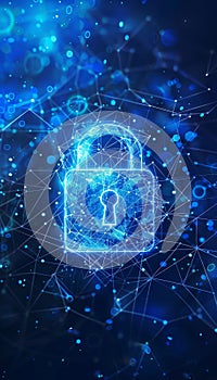 Blue glowing lock icon with cyber network and data stream, security technology protection