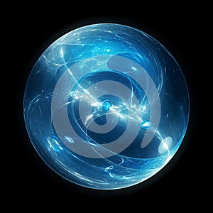 Blue glowing multidimensional energy sphere isolated on black