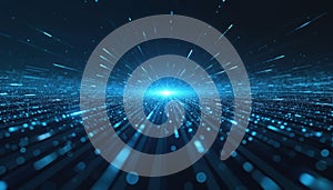 Blue glowing particles flow into a bright light source on dark background. Abstract futuristic digital network or data stream.