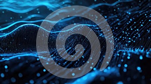 Blue glowing particles forming digital data waves