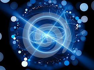 Blue glowing quantum with rays and spherical force field