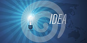 Blue Glowing Radiating Light Bulb,Ideas,Creativity Concept Design Template with Copy Space - Dark World Map Behind a Bulb and Rays