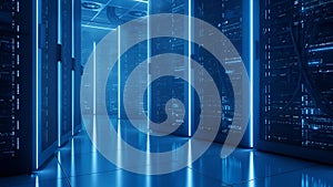 Blue glowing server room AI data center, modern technology infrastructure, deep learning cloud computing