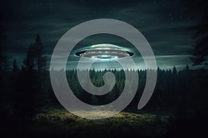 Blue glowing UFO in the dark sky over taiga at night, AI generated