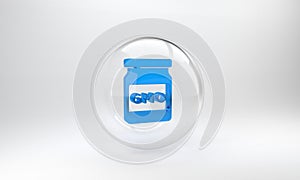 Blue GMO icon isolated on grey background. Genetically modified organism acronym. Dna food modification. Glass circle