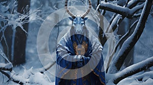 Blue Goat In Snowy Forest: Hieratic Visionary Art With Ritualistic Masks