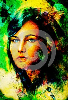 Blue goddess woman eyes with birds on multicolor background eye contact, Woman face collage