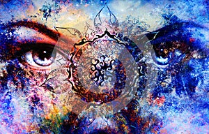 Blue goddess women eye, multicolor background with