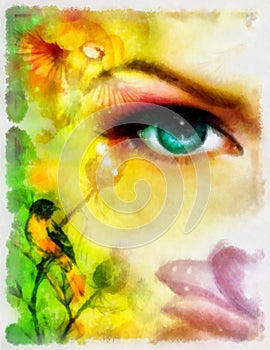 Blue goddness women eye with birds on multicolor aquarel background. eye contact.