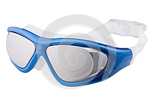 Blue goggles for swimming in the pool or in the open water, with mirrored glasses, on a white background