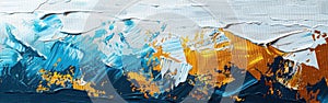 Blue and Gold Abstract Art: Closeup of Oil Brushstrokes on Canvas Background - Panoramic Banner Texture