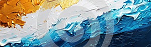 Blue and Gold Abstract Art Texture with Oil Brushstrokes on Canvas Background - Panoramic Banner