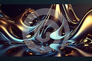 Blue and gold abstract liquid waves background, fluid flowing water motion Generative AI