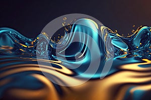 Blue and gold abstract liquid waves background, fluid flowing water motion Generative AI