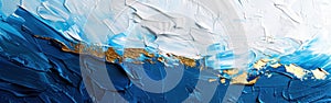 Blue and Gold Abstract Painting Texture with Oil Brushstrokes on Canvas - Panoramic Banner Art