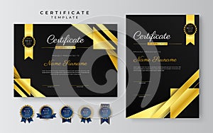 Blue and gold certificate of achievement border template with luxury badge and modern line pattern. For award, business, and