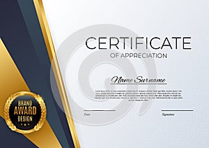 Blue and gold Certificate of achievement template Background with gold badge and border. Award diploma design blank. Vector