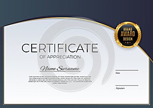 Blue and gold Certificate of achievement template Background with gold badge and border. Award diploma design blank. Vector