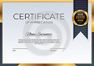 Blue and gold Certificate of achievement template Background with gold badge and border. Award diploma design blank. Vector