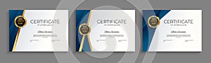 Blue and gold Certificate of achievement template set Background with gold badge and border. Award diploma design blank