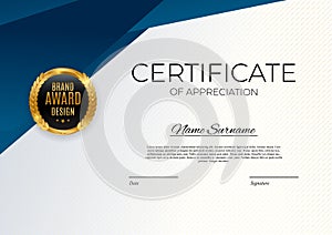 Blue and gold Certificate of achievement template set Background with gold badge and border. Award diploma design blank