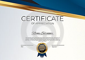 Blue and gold Certificate of achievement template set Background with gold badge and border. Award diploma design blank