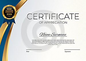 Blue and gold Certificate of achievement template set Background with gold badge and border. Award diploma design blank