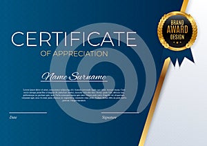 Blue and gold Certificate of achievement template set Background with gold badge and border. Award diploma design blank