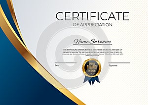 Blue and gold Certificate of achievement template set Background with gold badge and border. Award diploma design blank. Vector
