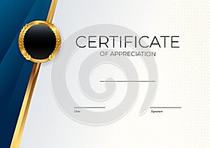 Blue and gold Certificate of achievement template set Background with gold badge and border. Award diploma design blank. Vector