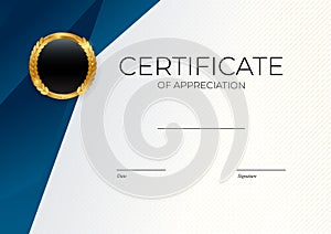 Blue and gold Certificate of achievement template set Background with gold badge and border. Award diploma design blank. Vector