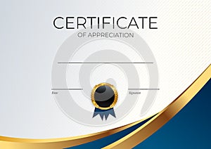 Blue and gold Certificate of achievement template set Background with gold badge and border. Award diploma design blank. Vector