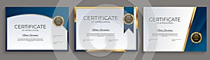 Blue and gold Certificate of achievement template set with gold badge and border. Award diploma design blank. Vector