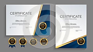 Blue and gold Certificate of achievement template set with gold badge and border. Award diploma design blank. Vector