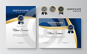 Blue and gold certificate template. Modern blue certificate award or diploma template set of portrait and landscape design. Suit