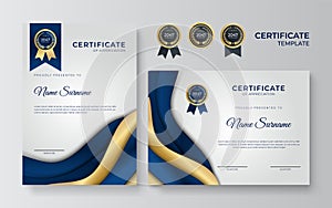 Blue and gold certificate template. Modern blue certificate award or diploma template set of two, portrait and landscape design in