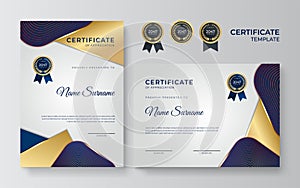 Blue and gold certificate template. Modern blue certificate award or diploma template set of two, portrait and landscape design in