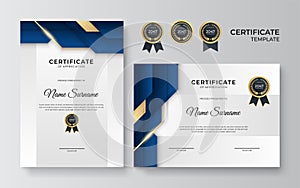 Blue and gold certificate template. Modern blue certificate award or diploma template set of two, portrait and landscape design in