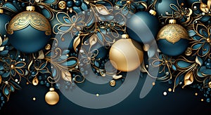 A blue and gold christmas background with ornaments. Generative AI image.