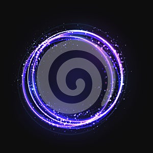 Blue gold circle light effect with round glowing elements, particles and stars on dark background. Shiny glamour design