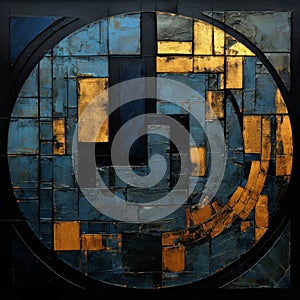 Blue And Gold Circular Art Piece: Cubist Deconstruction With Industrial Texture