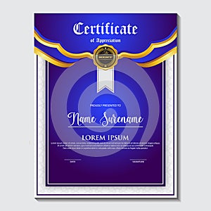 Blue and gold color certificate template design. Certificate of Achievement with a gold badge