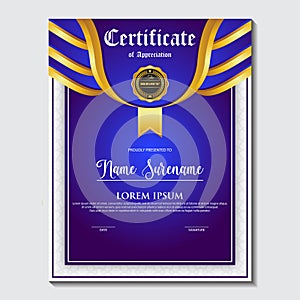 Blue and gold color certificate template design. Certificate of Achievement with a gold badge