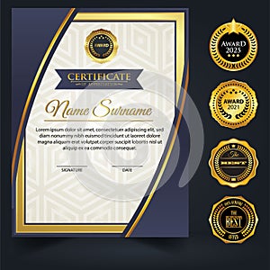 Blue and gold color certificate template design. Certificate of Achievement with a gold badge