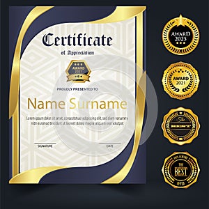 Blue and gold color certificate template design. Certificate of Achievement with a gold badge