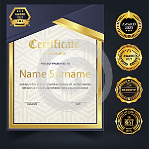 Blue and gold color certificate template design. Certificate of Achievement with a gold badge