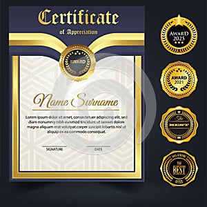 Blue and gold color certificate template design. Certificate of Achievement with a gold badge